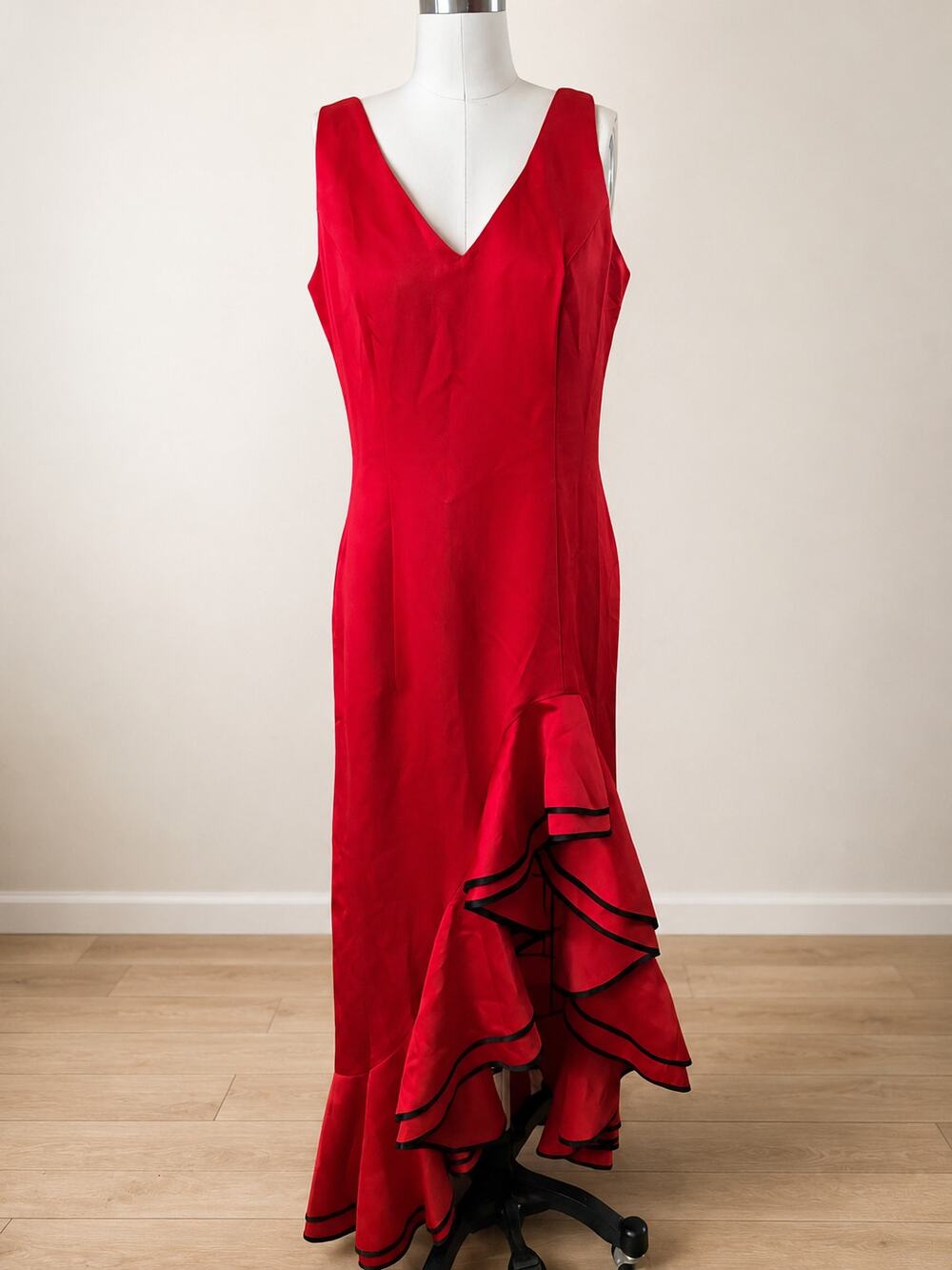 Vintage 1990s Zum Zum Red Satin Hi-Low Tango Flamenco Prom Dress M/L